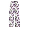thumbnail image 4 of Linen Cropped Pants for Women Casual Wide Leg Plaid Capris with Pockets Elastic Waist Lounge Trousers Purple, 2XL, 4 of 5