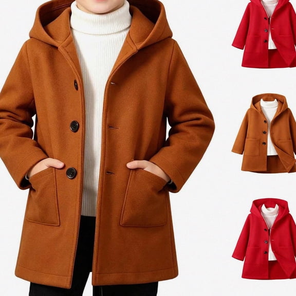 HAOTAGS Trench Coat for Boys (2-10) Long Sleeve Hooded Casual Outwear Wool/Polyester Blend Pea Coat Brown Size 5T