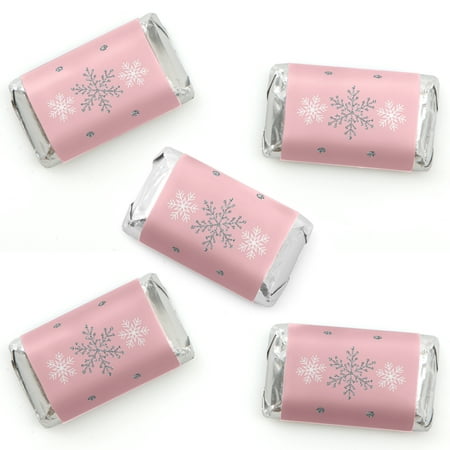 Pink Winter Wonderland - Mini Candy Bar Wrapper Stickers - Holiday Snowflake Birthday Party and Baby Shower Small Favors