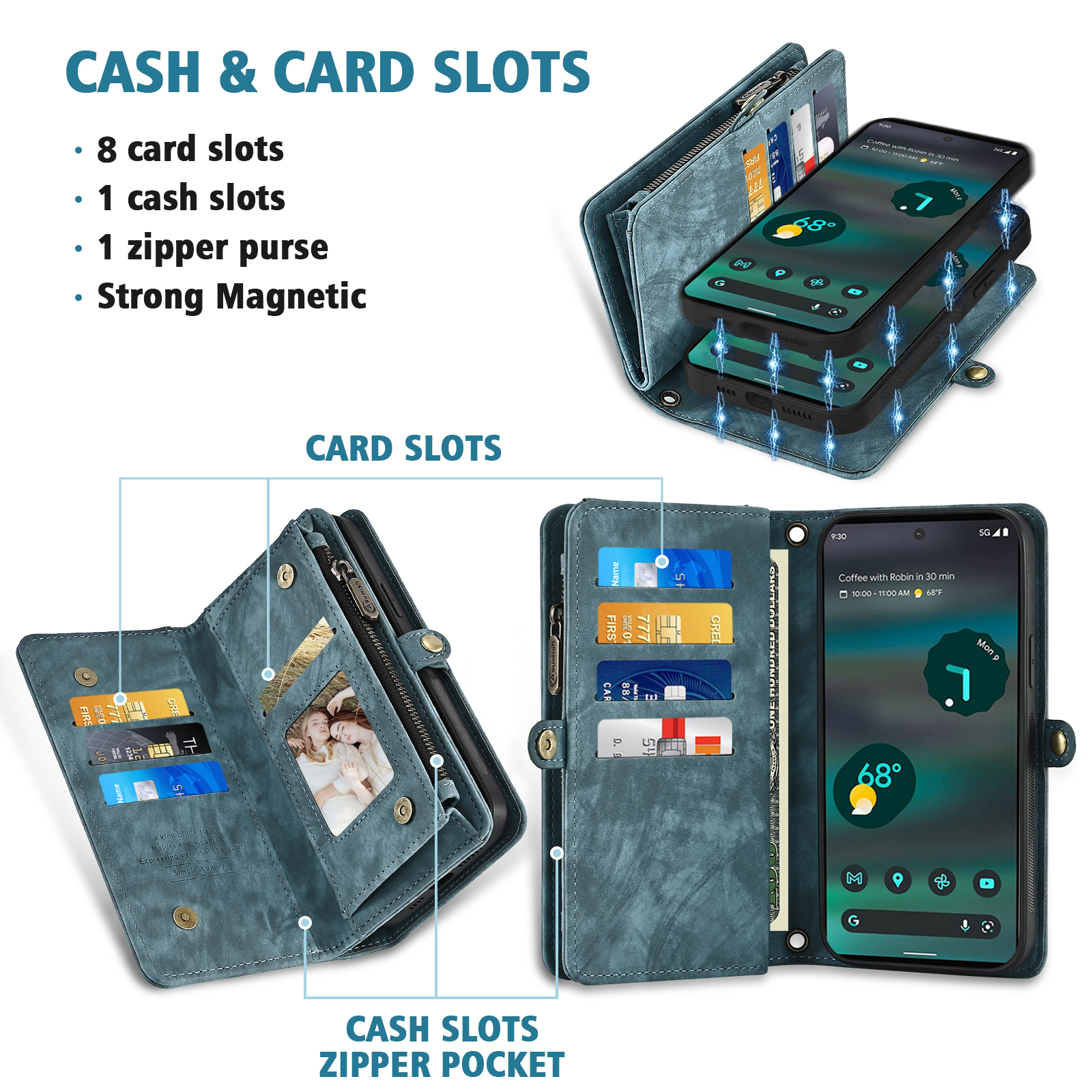 Asuwish Compatible with Google Pixel 6A 5G 2022 Phone Case Zipper Wallet Detachable Tempered Glass Screen Protector Crossbody Lanyard Strap Flip Card Holder Cell Cover for Pixel6A A6 Women Girls Blue