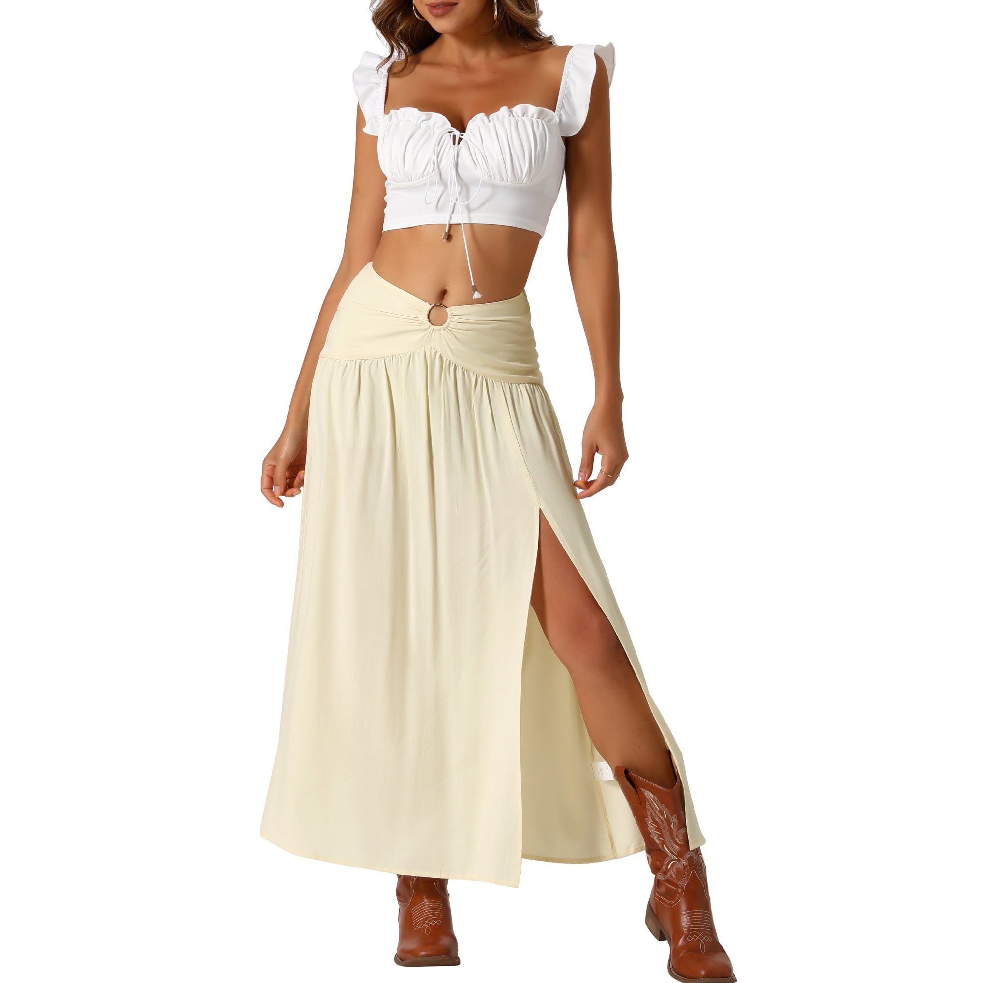 Maxi Boho Skirt Summer Flowy Smocked Waist Cutout Boho Skirt Apricot XL
