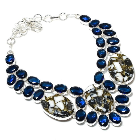 Natural Zebra Jasper,Blue Topaz Gemstone 925 Sterling Silver Necklace 18"