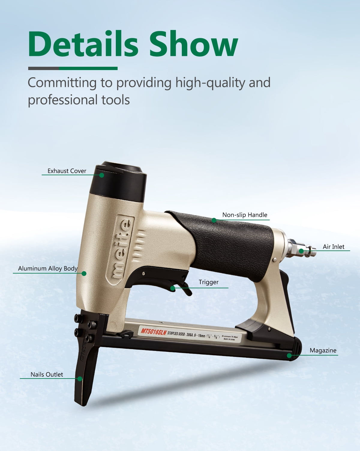 meite MT5016SLN Long Nose Pneumatic Upholstery Stapler Air Staple Gun with Safety Trigger, Uses 20 Gauge 50 Series Staples