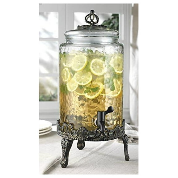 Home Hammered Glass Ice Cold Beverage Drink Dispenser - 2.7 Gallon, With Glass Lid and Antique Metal Stand, 100% Leak Proof Spigot- Wide Mouth Easy Filling For Outdoor, Parties & Daily Use