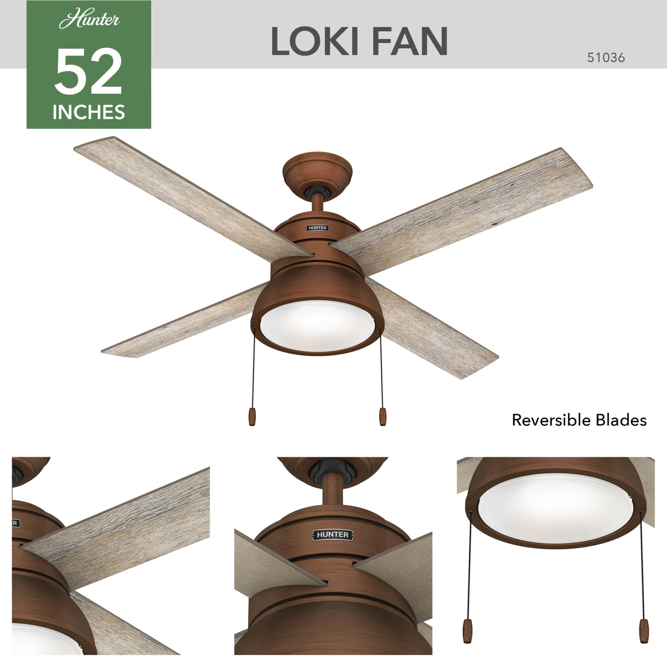 Hunter - Loki Indoor Ceiling Fan With Light, 52-inch, Weathered Copper, Casual-style, 3-speed WhisperWind Motor, 51036, for Living Rooms, Bedrooms