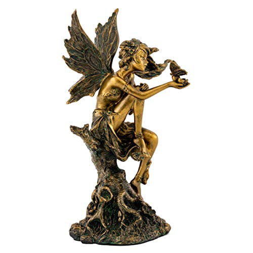 Top Collection Top Collection Fairy Playing with Butterfly on Tree Stump  Statue- Hand Painted Beautiful Magical Creature with Bronze Finish Look -  
