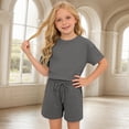thumbnail image 2 of LRen Girls Summer Outfits 2 Piece Outfits Short Sleeve T Shirts Top and Shorts Clothing Sets Drawstring with Pockets Toddler Girl Outfits, 2 of 6
