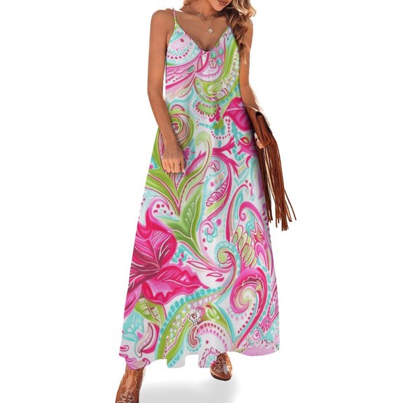Vibrant Floral Paisley Fabric Design Pink Green White Fine Art Sleeveless Dress Summer Dress Woman 2025