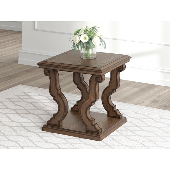 Signature Design by Ashley Maylee Square End Table with Ornate Scrolled Legs, Traditional Style, 24" Height, Dark Brown Finish
