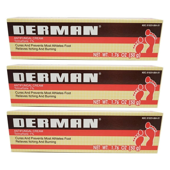 Derman Antifungal Cream. Athlete's Foot, Ringworm and Jock Itch Treatment. Stops and Prevents Skin Fungus. 1.76 oz. Pack of 3