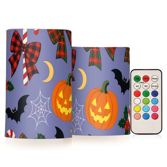 Halloween Pumpkins Bats Flameless Candles Flickering with Remote and Timer Battery Operated LED Pillar Candle Set of 2