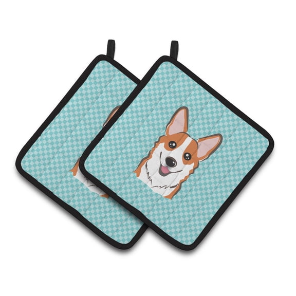 Carolines Treasures BB1192PTHD Checkerboard Blue Corgi Pair of Pot Holders , 7.5HX7.5W, multicolor