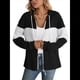 thumbnail image 3 of Chaqueta de Rayas con Bloques de Color para Mujer, con Cremallera, Larga, Punto Acanalado, Sudadera con Cordón Ajustable. Negro L, 3 of 9