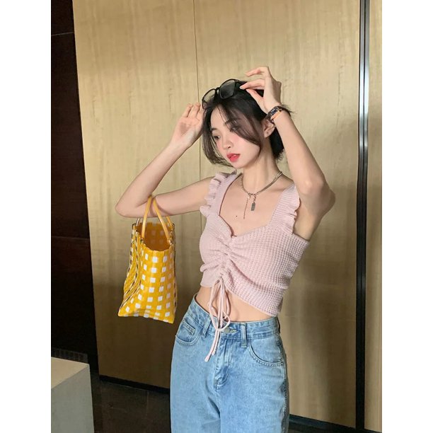 VISgogo, camisetas sin mangas de punto para mujer, chaleco sin espalda con decoración de volantes y lazo frontal de Color sólido, camisetas cortas simples informales VISgogo moda