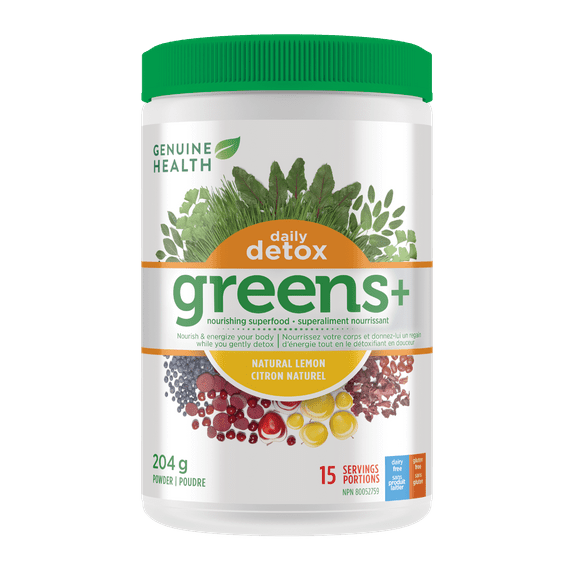 Genuine Health Greens+ Daily Detox,15Servings, 204 g tub, Superfoods, Antioxidants and Polyphenols for daily liver and kidney toxin cleanse, Natural lemon flavoured powder, Non-GMO