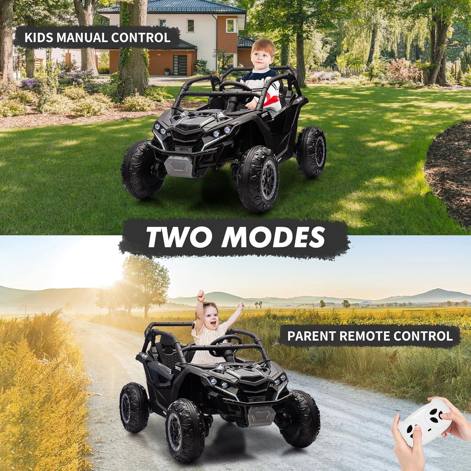 24V Ride on ATV or Kids, 2 Seater 4WD Powered ATV Car with Remote Control, LED Lights, 4 Shock Absorber, 3 Speeds, Horn, Music(Black)