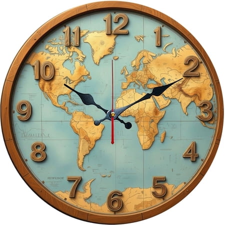 SBEMP10 Inch Silent Wall Clock, Vintage World Map Decorative Wall Clock, Battery Operated Non-Ticking Round Clock for Living Room Bedroom Office Home Decor