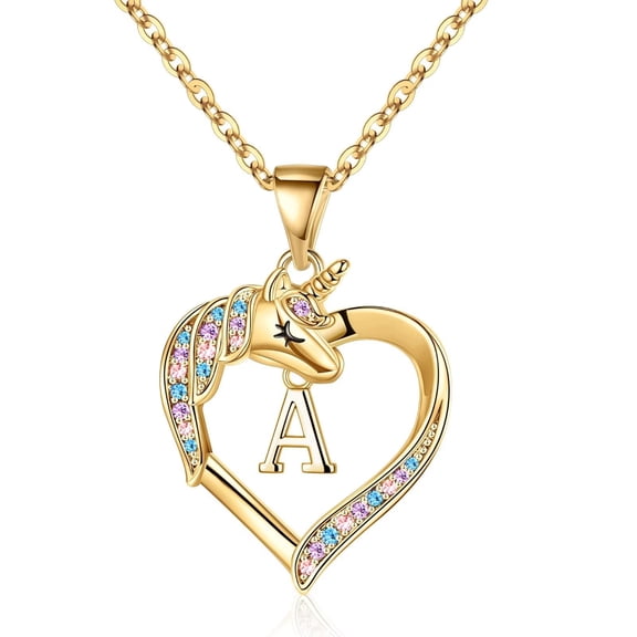 Turandoss Heart Unicorn Initial Necklace for Girls 14K Gold Plated Colorful CZ Letter a-z Pendant Teen Girls Daughter Kids Jewelry Valentine's Day Birthday Gifts for Women Teen Girls