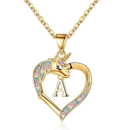 Turandoss Heart Unicorn Initial Necklace for Women 14K Gold Plated Colorful CZ Letter Pendant Jewelry Birthday Teacher Appreciation Mothers Day Graduation Gifts for Her Mom Kids Teen Girls Wife Ideas