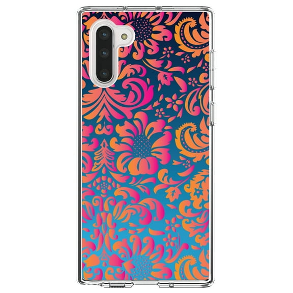 DistinctInk Clear Shockproof Hybrid Case for Samsung Galaxy Note 10 (6.3" Screen) - TPU Bumper, Acrylic Back, Tempered Glass Screen Protector - Pink Orange Blue Flower Floral