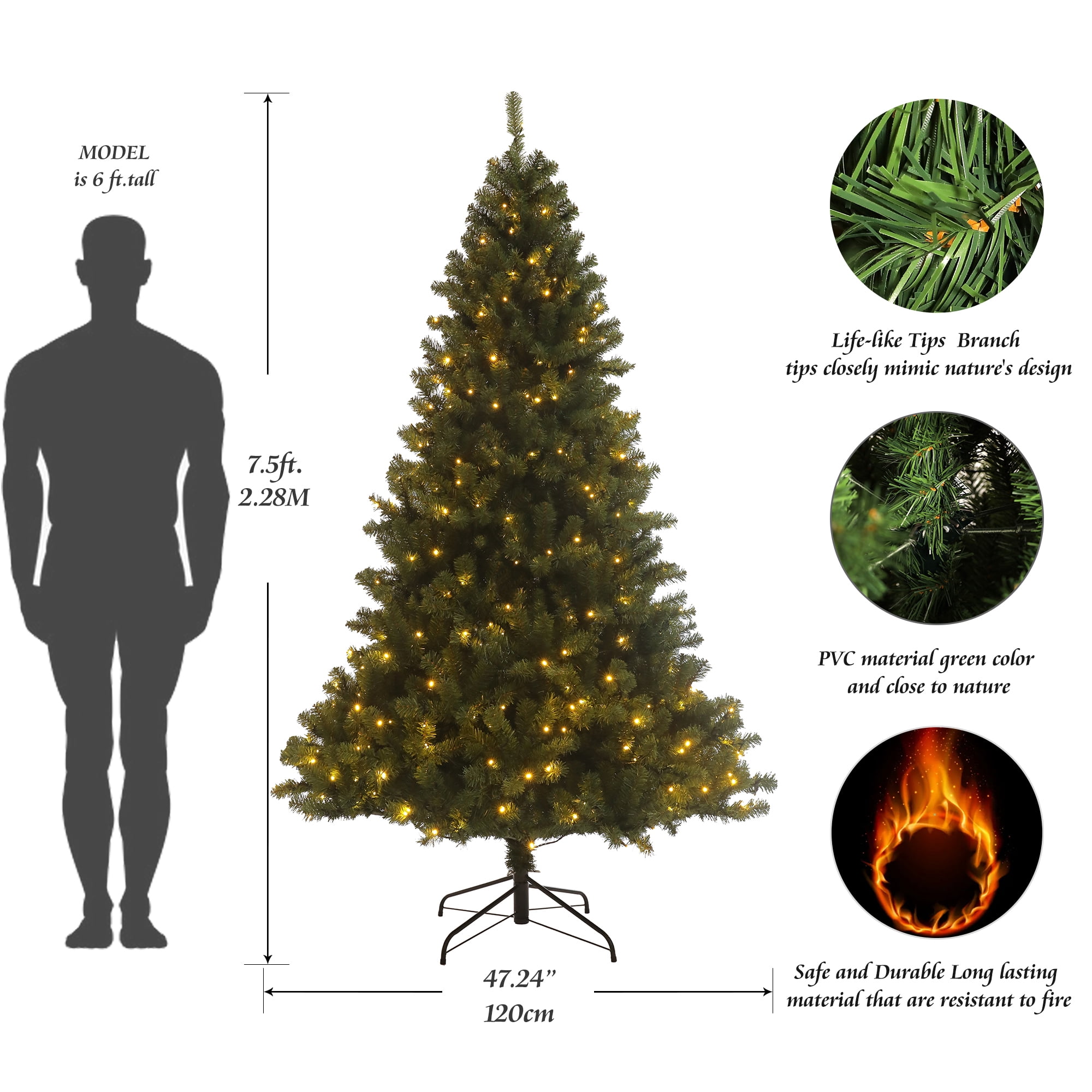 MOONMISS Pre-lit 7.5ft Artificial Hinged Xmas Christmas Tree with 400 Pre-strung Led Lights and Foldable Stand
