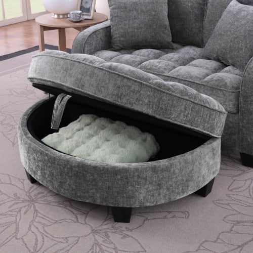 2-Seater Sofa Modern Chaise Lounge with Storage Footrest, Irregular Curved Armrests, Plush Checkered Cushions, 2 Throw Pillows, Grey
