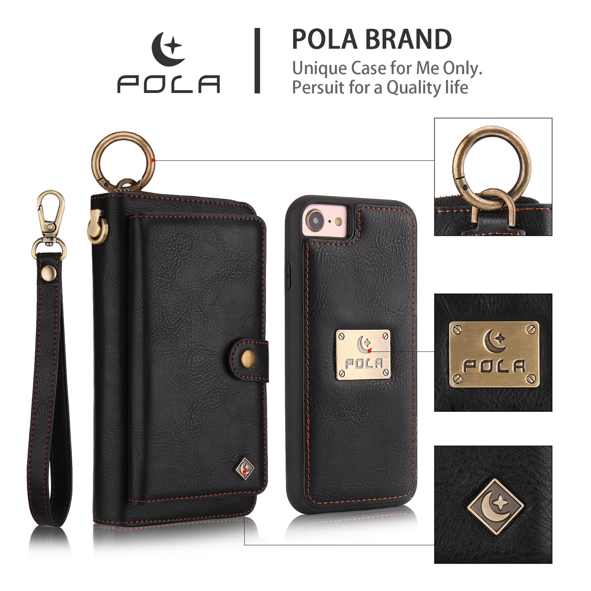 iPhone 8 Wallet Detachable Case, iPhone 7 Case, Dteck [wrist band & metal buckle & 14 Card Slots] Zipper Purse Phone Case Multi-function Folio Flip Weave PU Leather Removable Magnetic Back Cover,Black