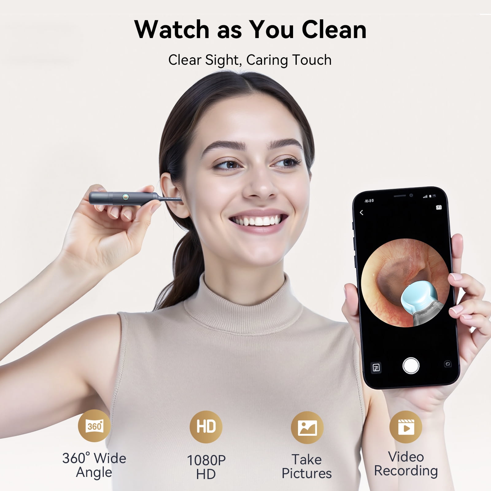 TCVOR Professional Ear Wax Removal Kit with Camera - 1080P HD Visual Ear Cleaner with Tweezers/Scooper/Scraper/Sponge/6 LED Lights Flexible Ear Otoscope - Portable Earwax Removal Tool for Home Use