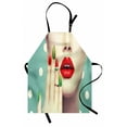 thumbnail image 1 of Lips Apron, Lady Showing Her Watermelon Nail Art and Makeup Closeup over Polka Dots Background, Unisex Kitchen Bib with Adjustable Neck for Cooking Gardening, Adult Size, Multicolor, by Ambesonne, 1 of 4