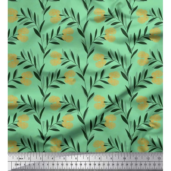 Soimoi Green Cotton Duck Fabric Leaves & Clover Flower Hand Drawn Printed Fabric 1 Yard 42 Inch Wide