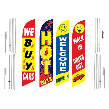 4 Swooper Flags With 4 Pole Kits We Buy Cars Hot Buys Welcome Drive In Walk In Drive Out