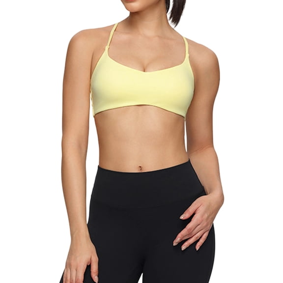 Dwellite Women's Low Scoop Sports Bra Spaghetti Cross Strap Padded Workout Yoga Bra Crop Top Yellow 34