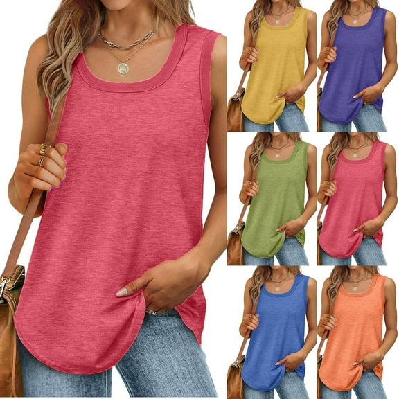 CHGBMOK Womens Tank Tops Summer Loose Sleeveless Tops Ribbed Trim Scoop Neck Curved Hem
