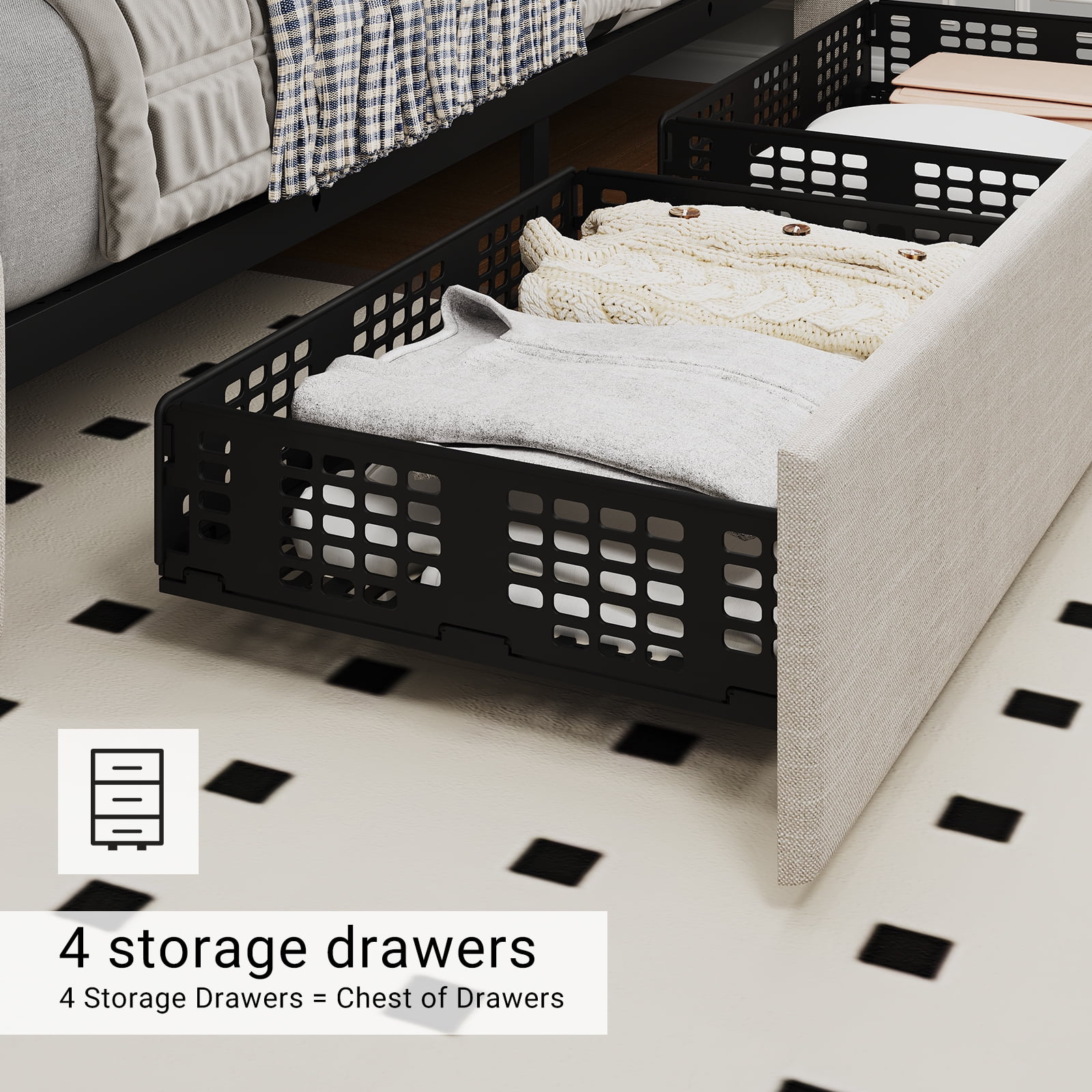 TEQIN Upholstered Queen Bed Frame with 4 Storage Drawers, Diamond Tufted Fabric Platform Bed with Sturdy Support,No Box Spring Needed, Easy Assembly, Noise Free