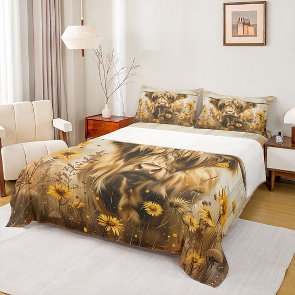 Manfei Rustic Highland Cow Full Size Sheets,Country Floral Sunflower Bed Sheets,Farm Animal Sheet Sets For Girls Boys,Luxury Bedroom Decor,4-Piece