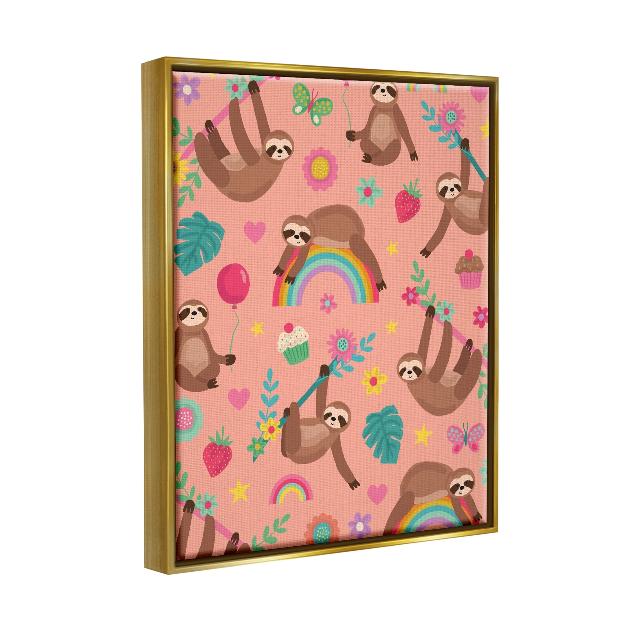 Stupell Industries Sloths Climbing Botanical Branches Whimsical Floral Pattern Graphic Art Metallic Gold Floating Framed Canvas Print Wall Art, Design by Lisa Perry Whitebutton