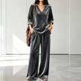 thumbnail image 2 of Xijirk Women 2 Piece Velvet Outfit V Neck Long Sleeve Loose Top and Wide Leg Elastic Waist Pants Set for Loungewear Daily Casual Wear,Grey,L, 2 of 4