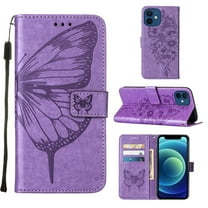 Decase iPhone 12 Case, Butterfly Patterned Wallet Case, Magnetic Folio Faux Leather with Wrist Strap Credit Card Holder Slots Kickstand Protective Cover For iPhone 12, Lightpurple