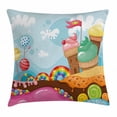thumbnail image 1 of Ice Cream Decor Throw Pillow Cushion Cover, Dessert Land with Rainbow Candies Lollipop Trees Cupcake Mountains Cartoon, Decorative Square Accent Pillow Case, 24 X 24 Inches, Multicolor, by Ambesonne, 1 of 2