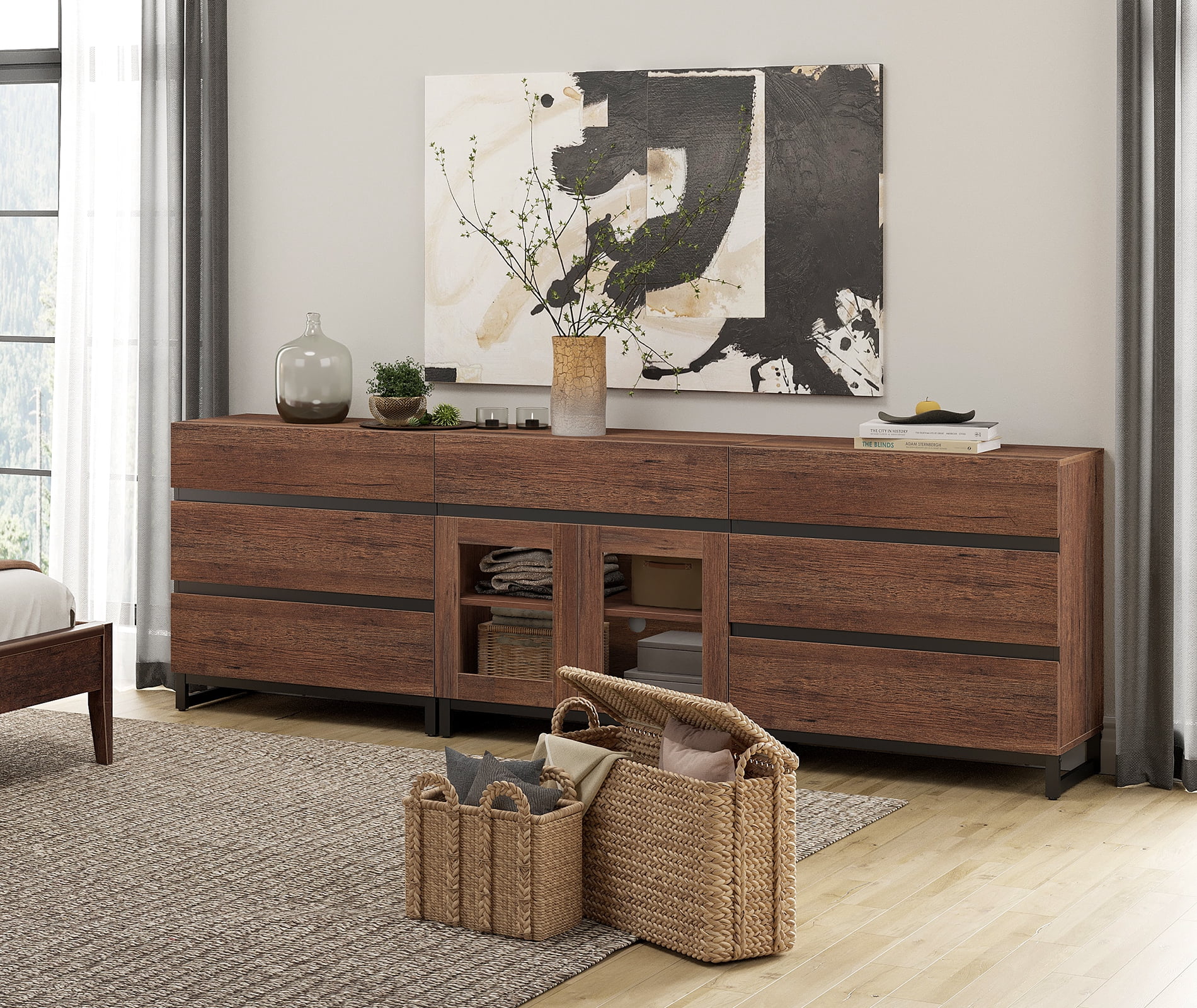 3 In 1 Dresser with Glass Doors & 7 Drawers, Modern Storage Chest with Adjustable Shelf and Metal Base, Multi-purpose Bedroom Closet Organizer Cabinet,Brown