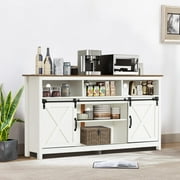 57 Farmhouse Barn Door Coffee Bar Cabinet with LED Light & Outlet & Charging Port, 4-Tier Buffet Cabinet Sideboard Kitchen Storage, White