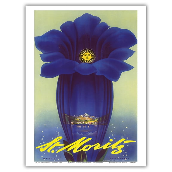 St. Moritz Switzerland (Schweiz) - Blue Trumpet Gentian Flower - Vintage Travel Poster by Leo Keck c. 1931 - Master Art Print (Unframed) 9in x 12in