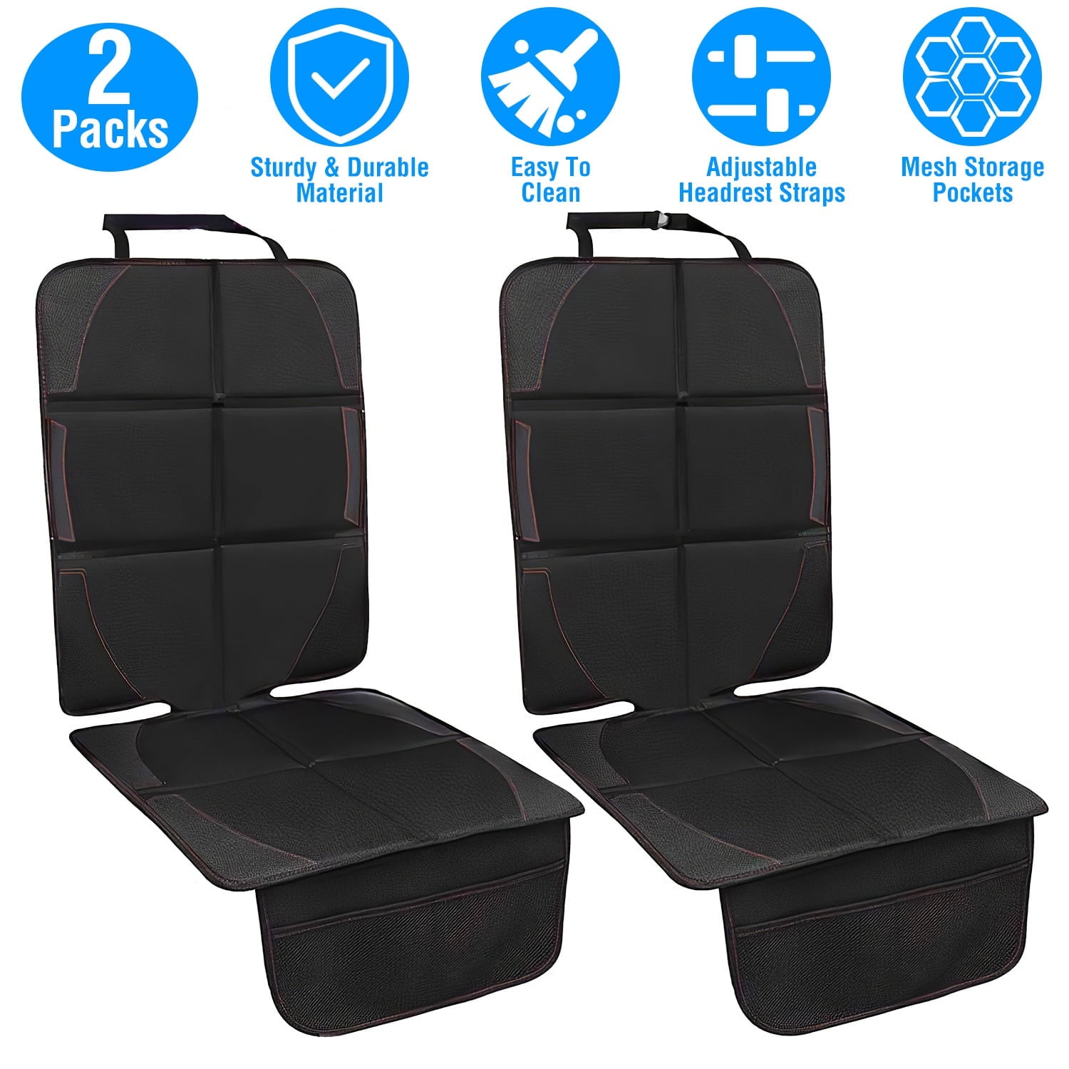 Moclever 2 Packs Car Seat Protector Cushion Mat with Thick Padding Non-slip Mesh Pockets for Child Baby Car Seat, Black