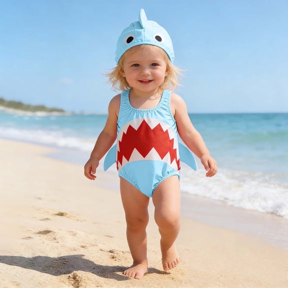 Baby Girl Swimsuit Toddler Boys Girl's Cartoon Shark Print One Piece Swimsuits with Hat Baby Bathing Suit Girl Blue 12-18 Months
