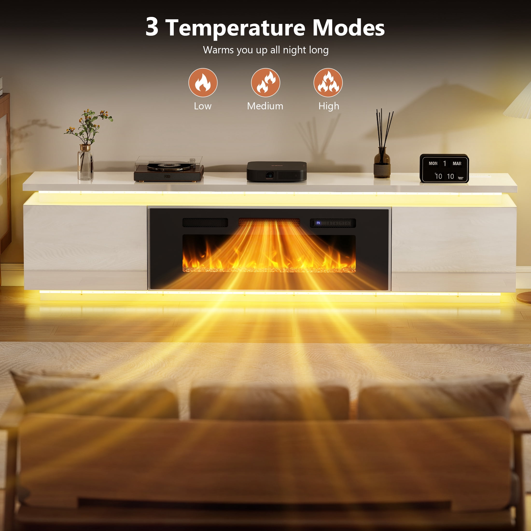 Anrist Electric Fireplace TV Stand for TVs up to 95" with LED Lights & 4 AC Power Outlets, TV console for Living Room, White, Ship in 2 Boxs