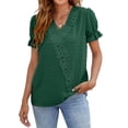thumbnail image 1 of Camiseta con cuello en V para mujer, camiseta informal de verano con punto suizo, manga corta abombada, costura de encaje, Color puro, 1 of 5