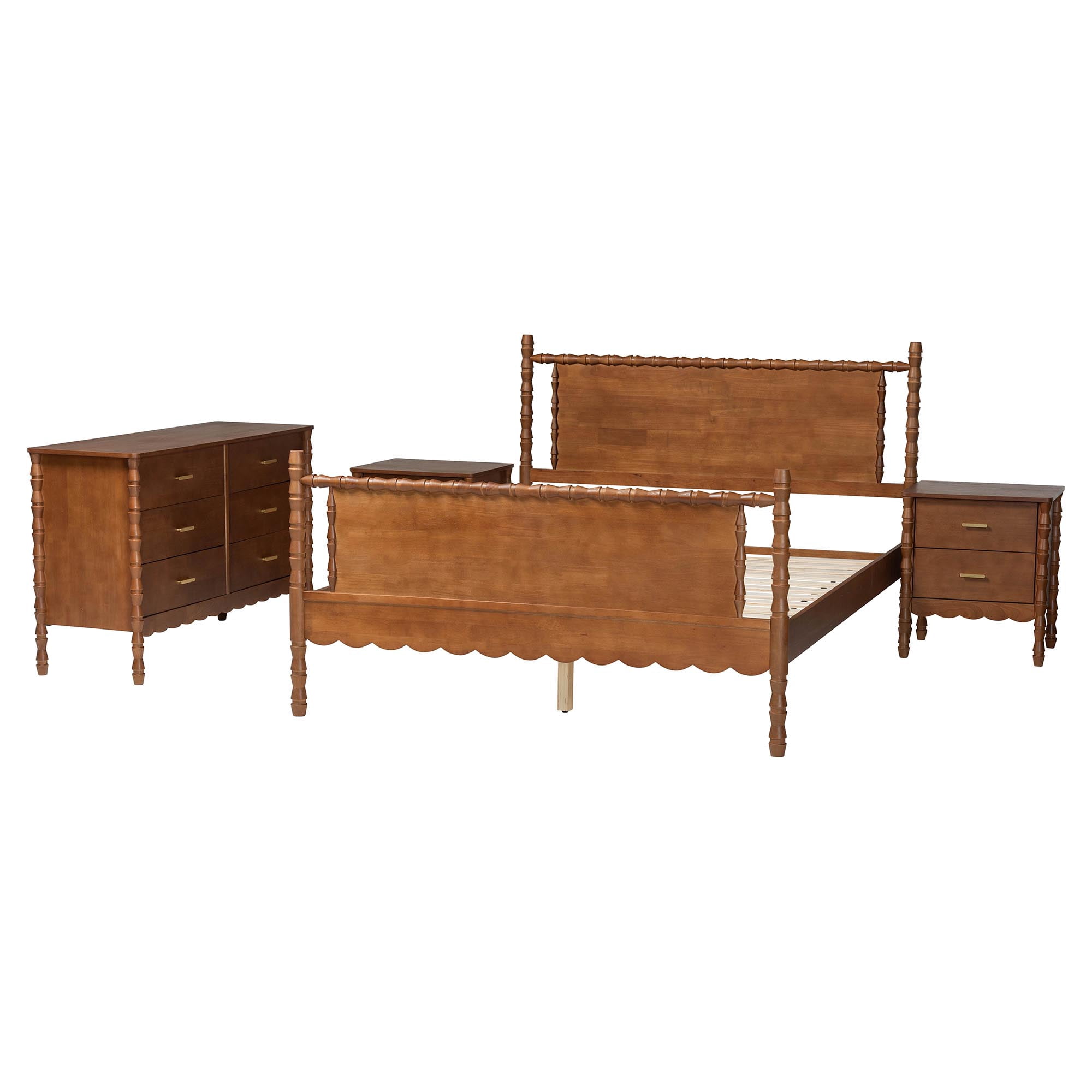 Baxton Studio Danette Modern Bedroom Set, 4-Piece with Two Nightstands, Queen, Walnut Brown