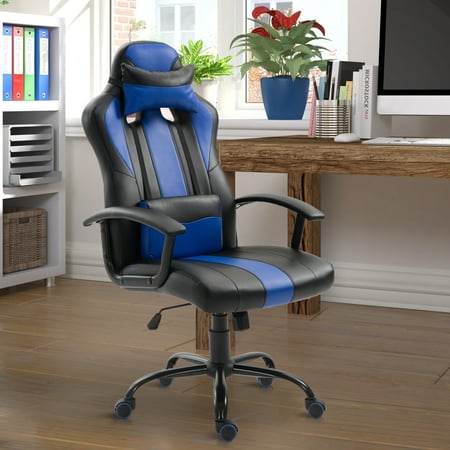 High Back Racing Style PU Leather Gaming Chair Lumbar Support Blue
