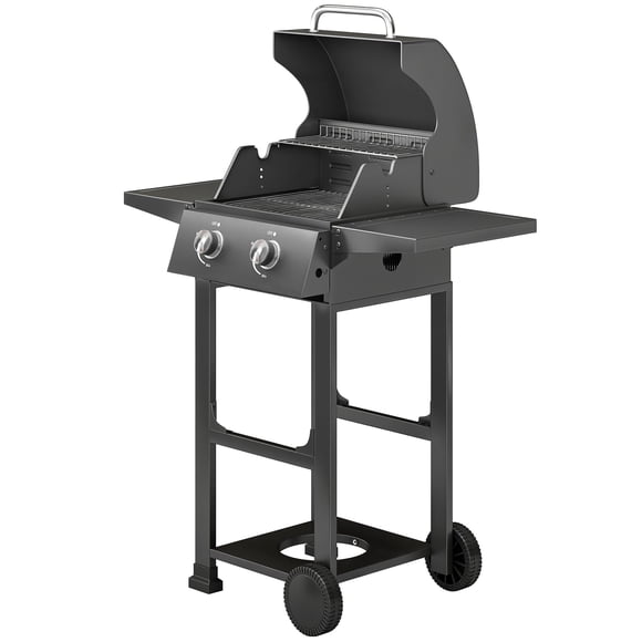 2-Burner Propane Gas Grill, 18,400 BTU Portable BBQ Grill with Foldable Side Shelves, Warming Rack & Wheels, Black Steel Outdoor Griller for Patio, Balcony, Camping, 37.4" W x 43.9" H