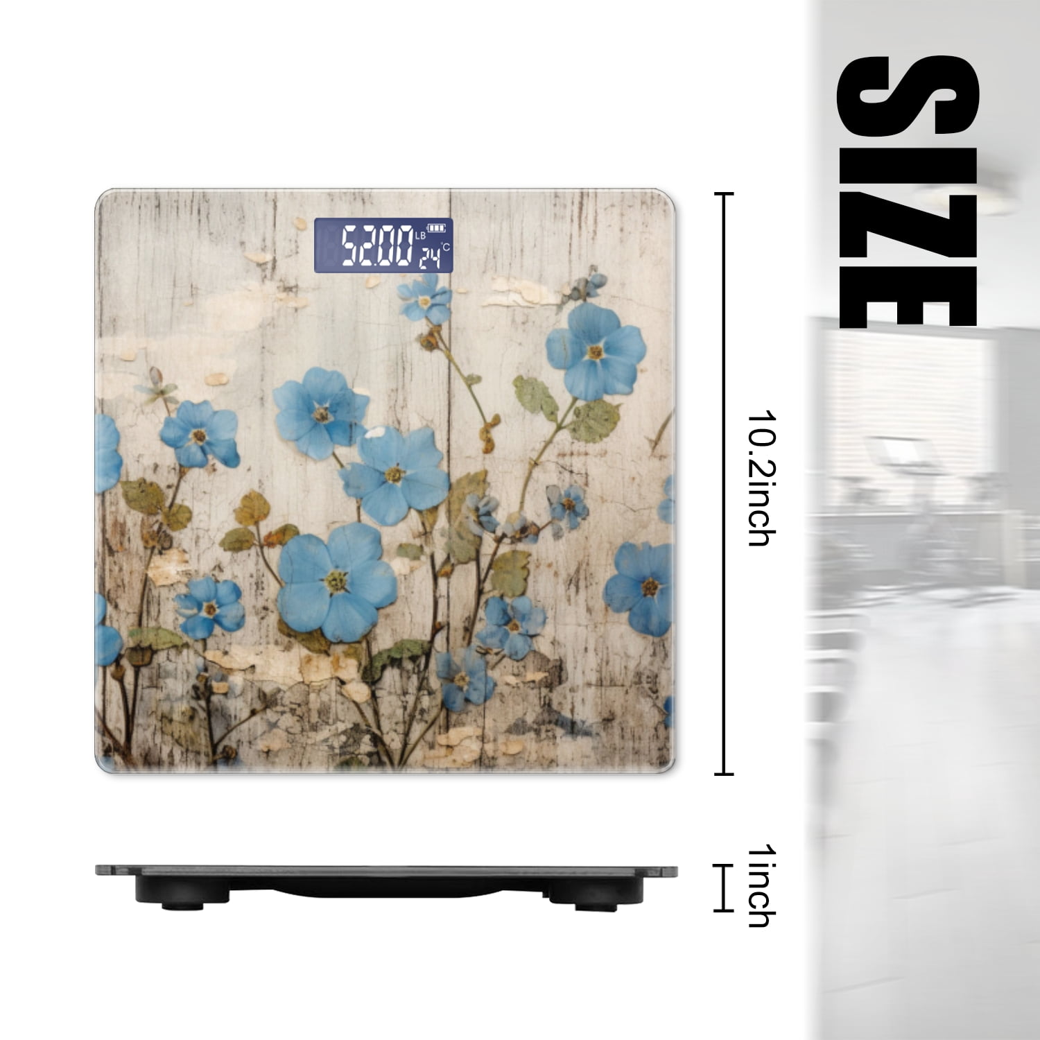 Bathroom Scale, Highly Accurate Digital Body Scale,Precisely Measures Weight up to 400 lbs-Weathered Wooden Wall With Pressed Blue Flowers